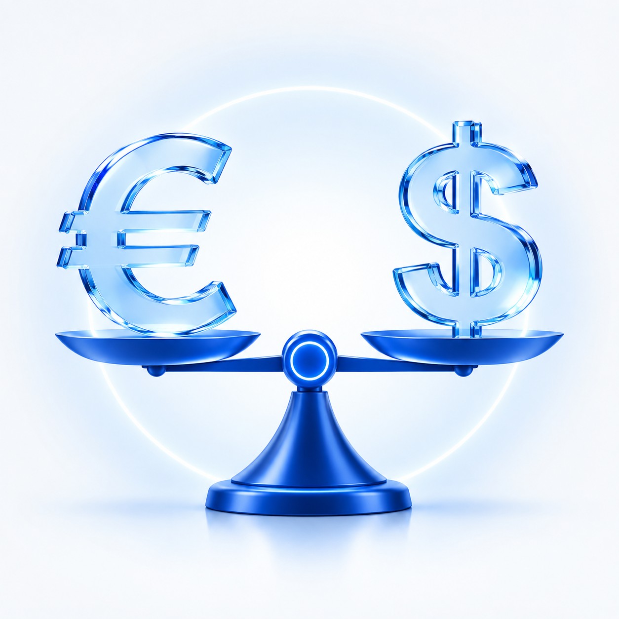 Glass euro symbol and a glass dollar symbol balanced on a sleek scale