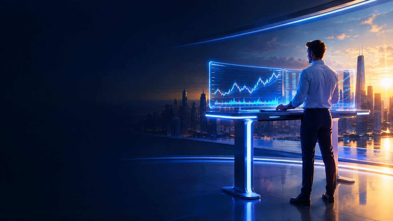 Investor at a standing desk watching fast moving intraday stock charts