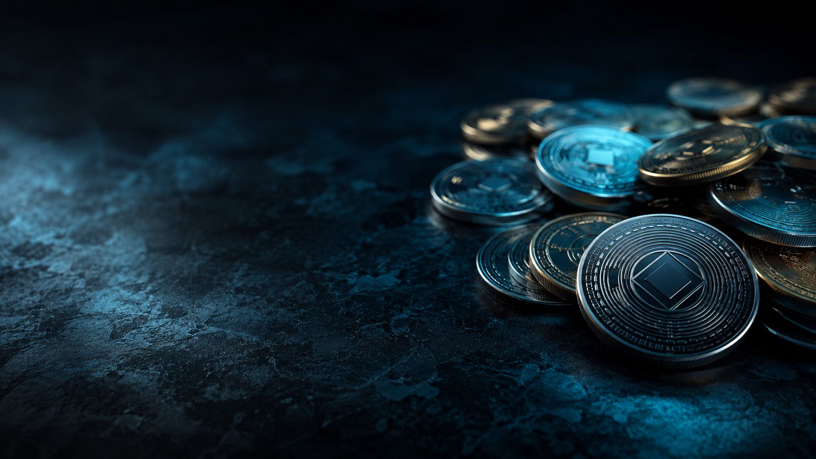 Pile of assorted generic cryptocurrency coins with abstract engraved patterns