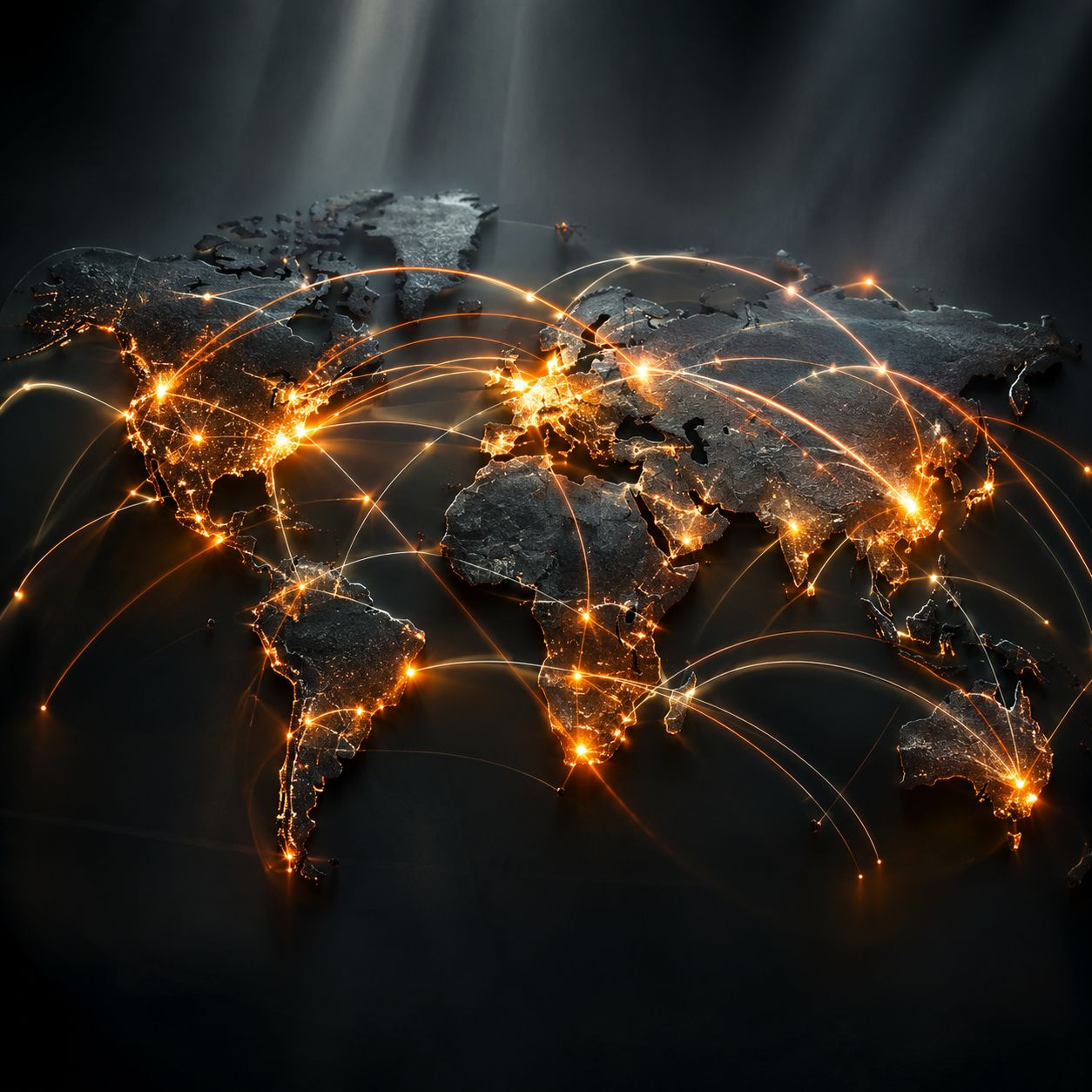 Dark world map with glowing currency flow lines connecting major financial centers