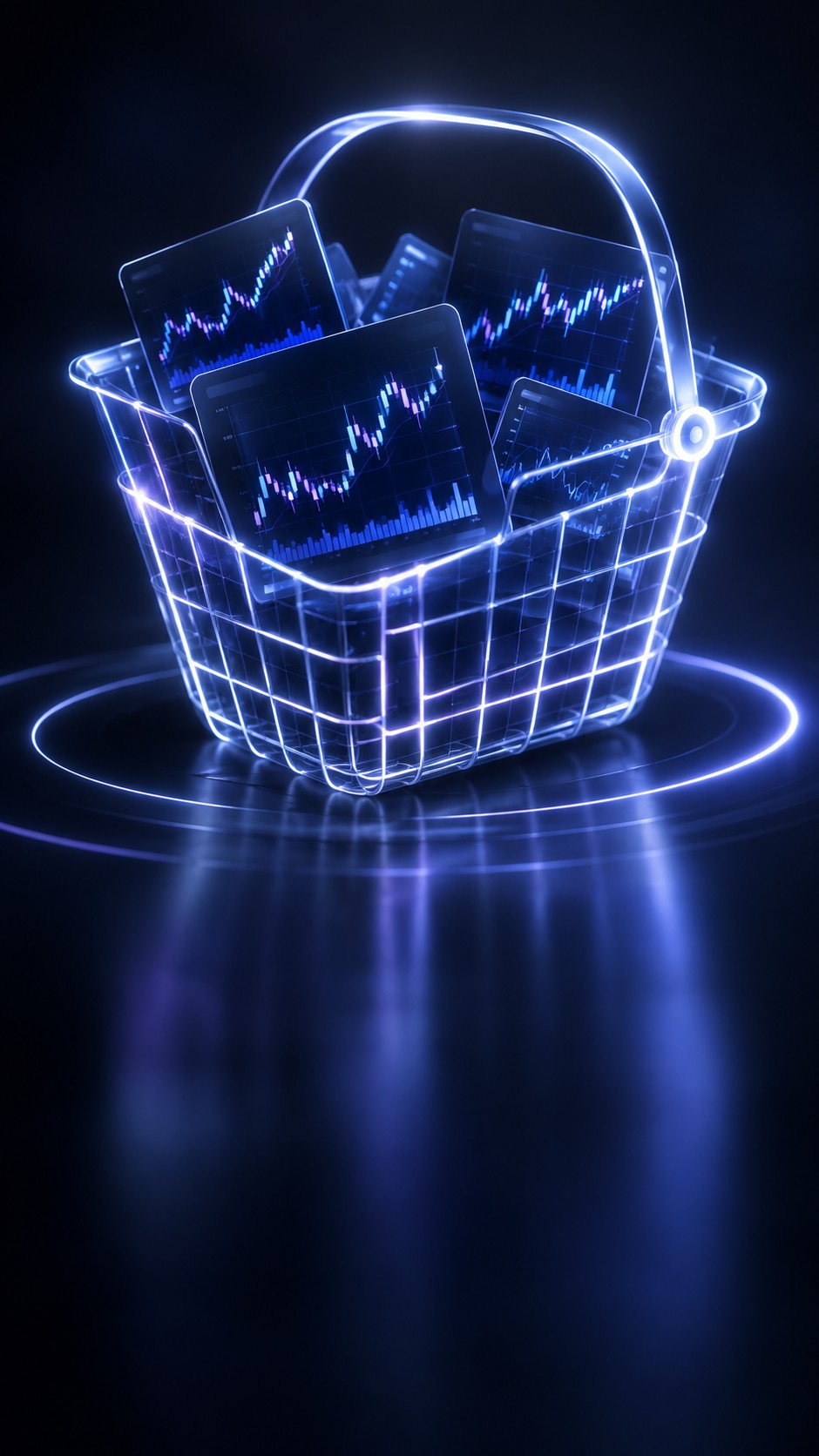 Basket made of glowing lines holding multiple mini stock charts