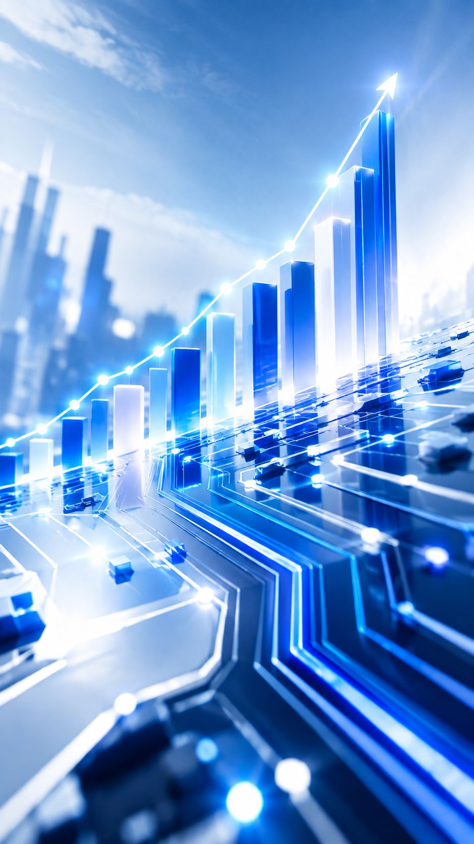 Abstract circuit patterns forming a rising stock chart