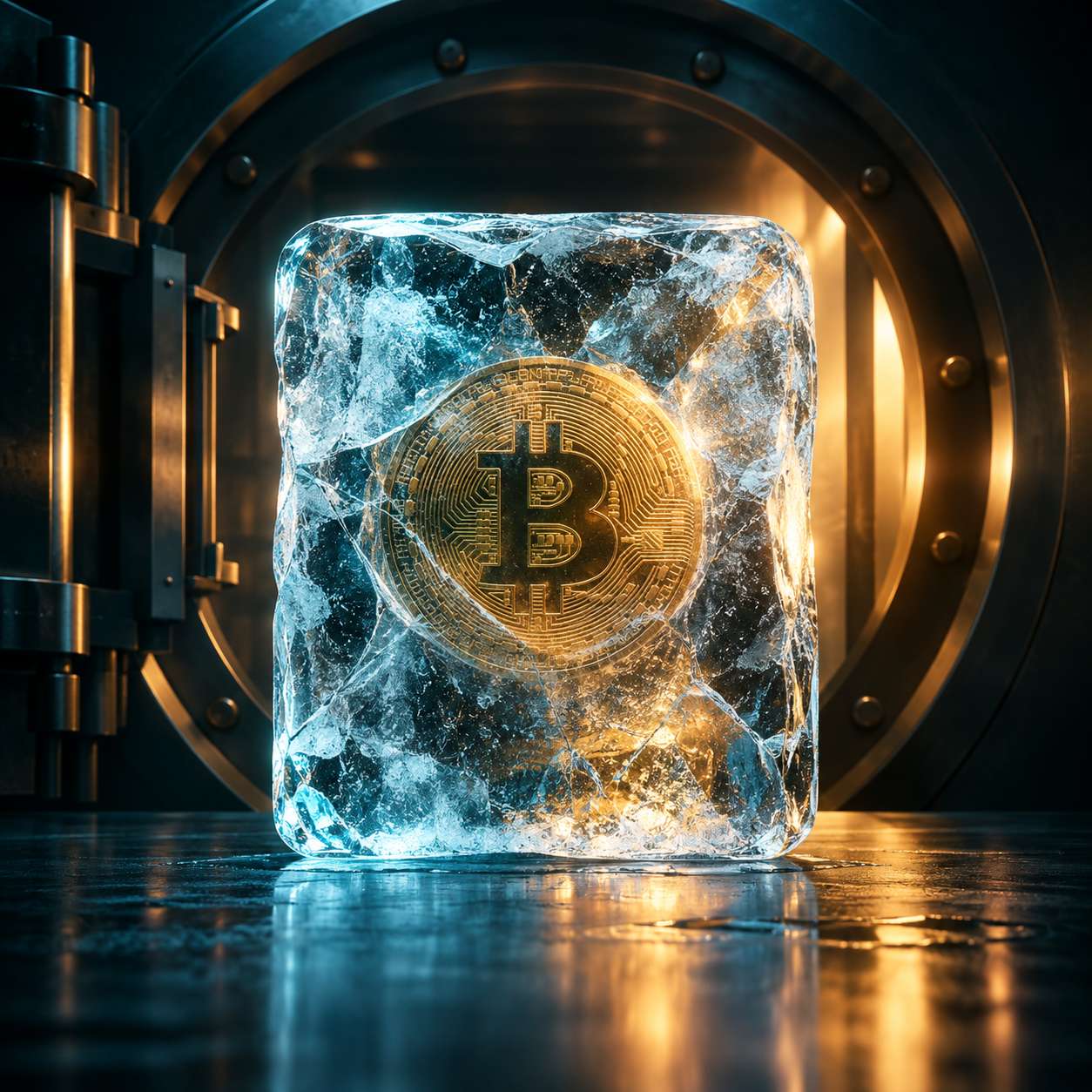 Frozen ice block encasing a crypto coin in a secure vault