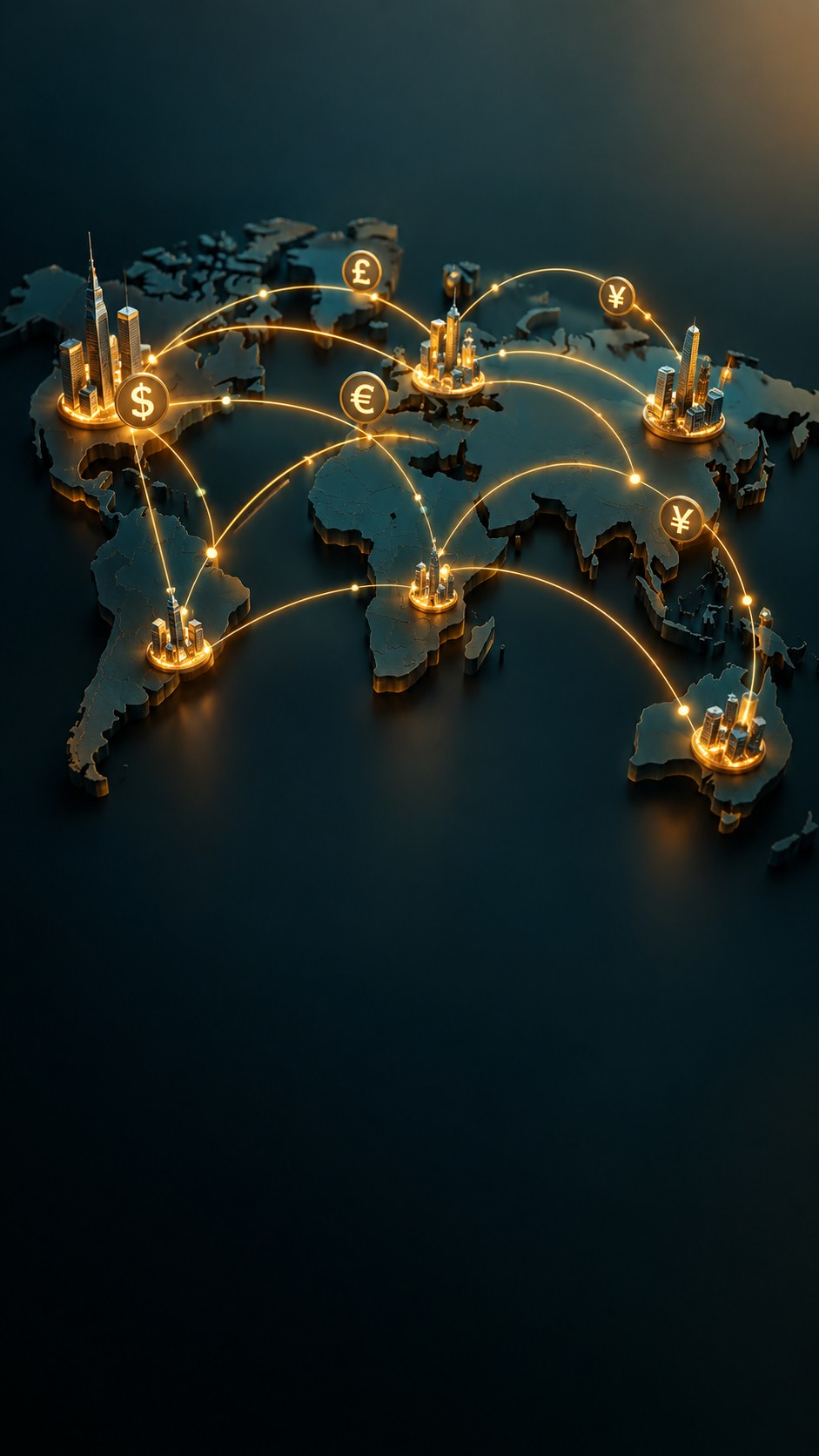 Dark world map with glowing currency flow lines connecting major financial centers